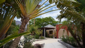 A tropical garden with a pathway leading to a covered pavilion. - Hotel Tripui (Loreto)