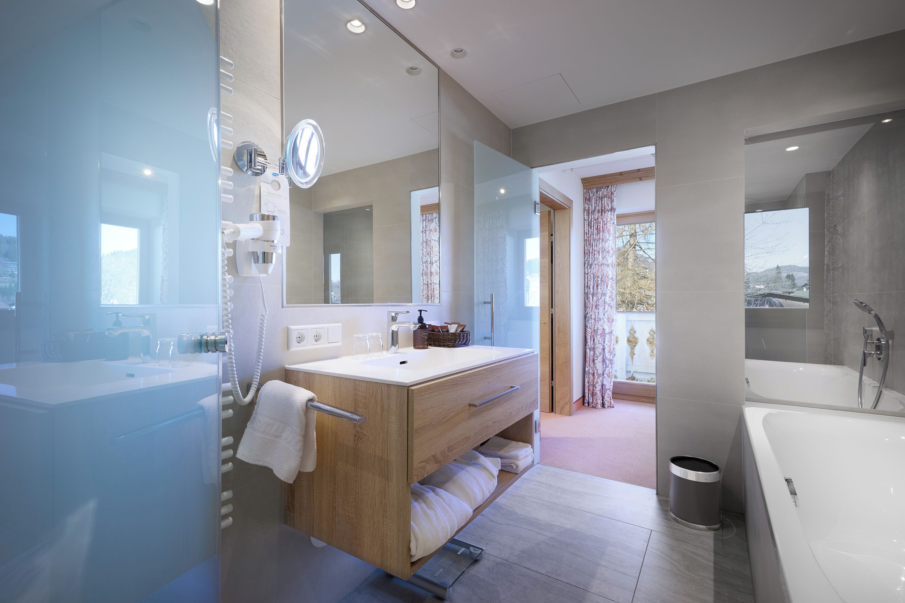suite | bathroom | shower, hair dryer, bathrobes, slippers