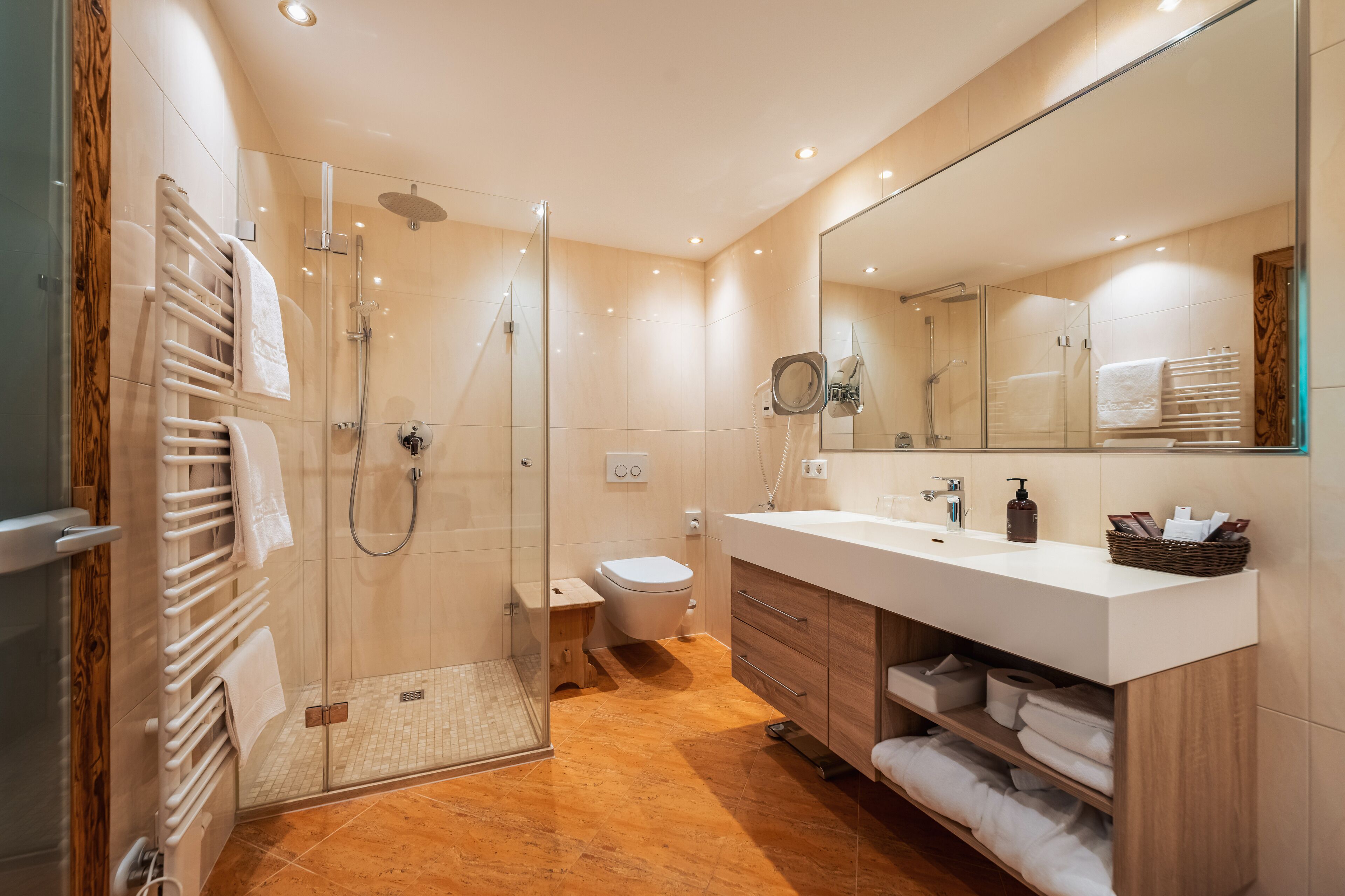 suite | bathroom | shower, hair dryer, bathrobes, slippers