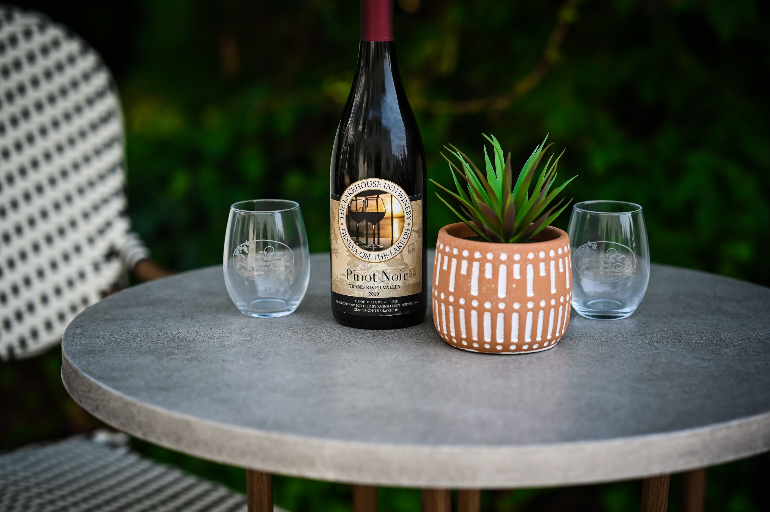A wine bottle labeled "Pinot Noir" on a round table with two glasses and a potted plant.