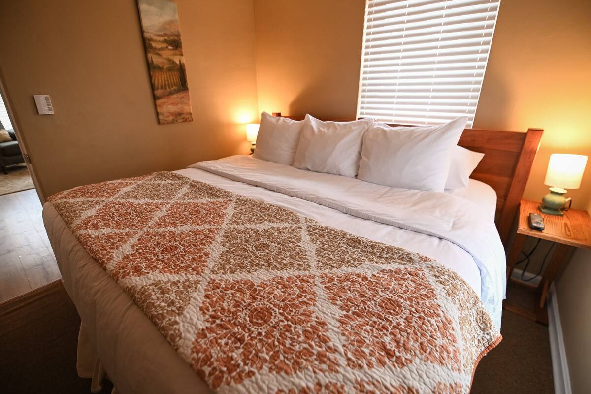A neatly made bed with white linens and a patterned throw blanket, a bedside lamp, and a wall-mounted painting.