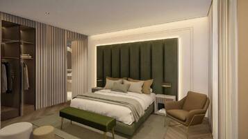 A modern bedroom with a large bed, a bench, a chair, a wardrobe, and a bedside table.