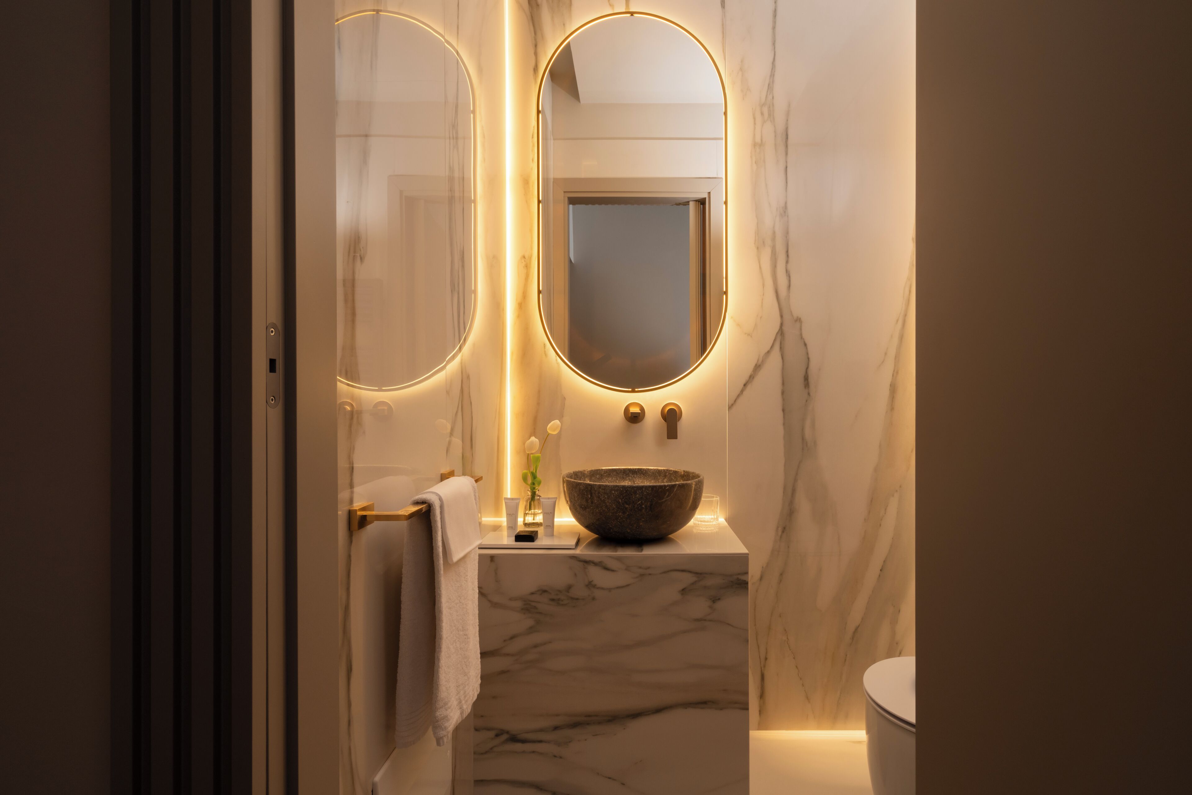 open suite | bathroom | shower, designer toiletries, hair dryer, bathrobes