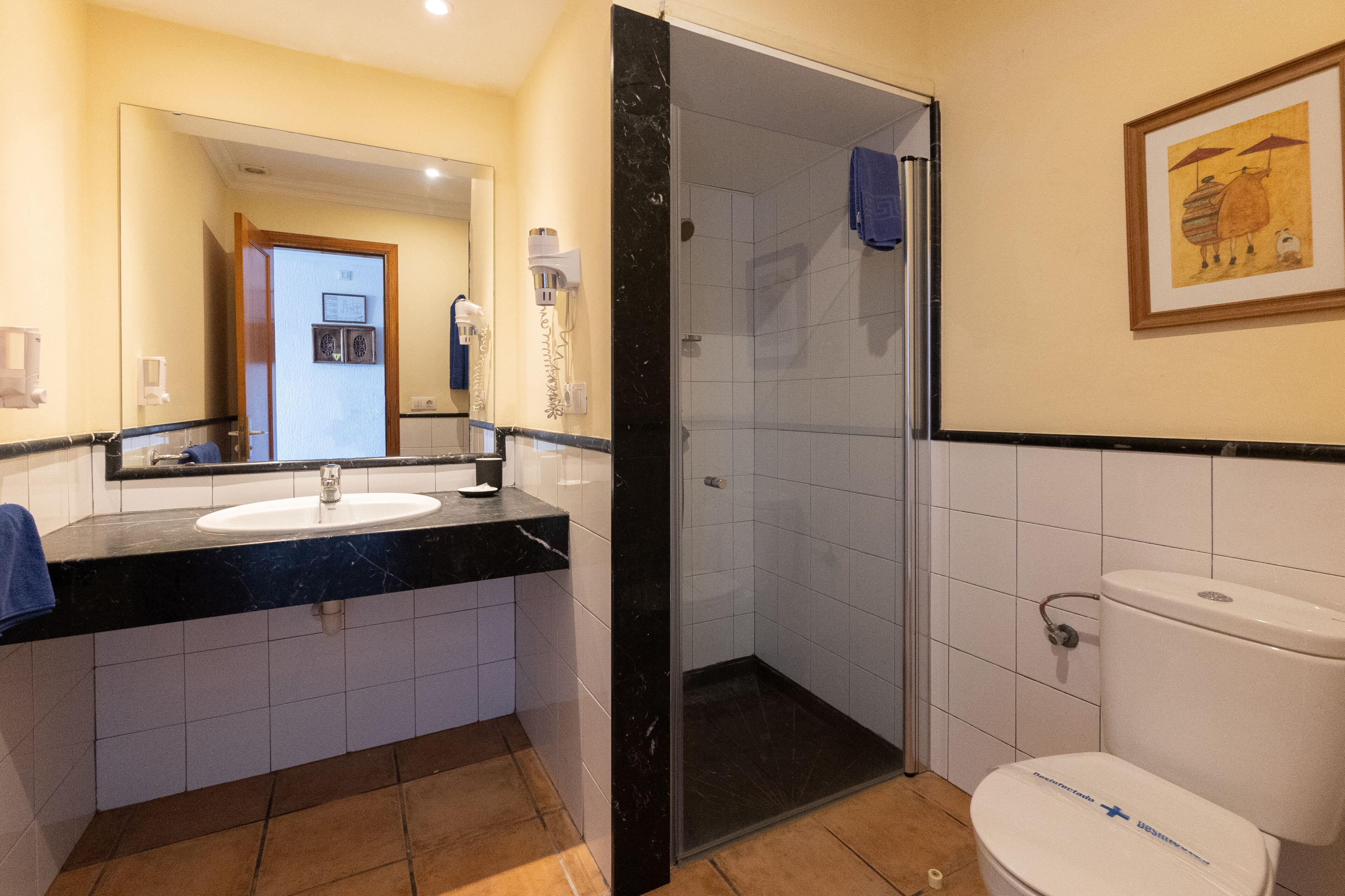 A bathroom with a sink, mirror, shower, and toilet.