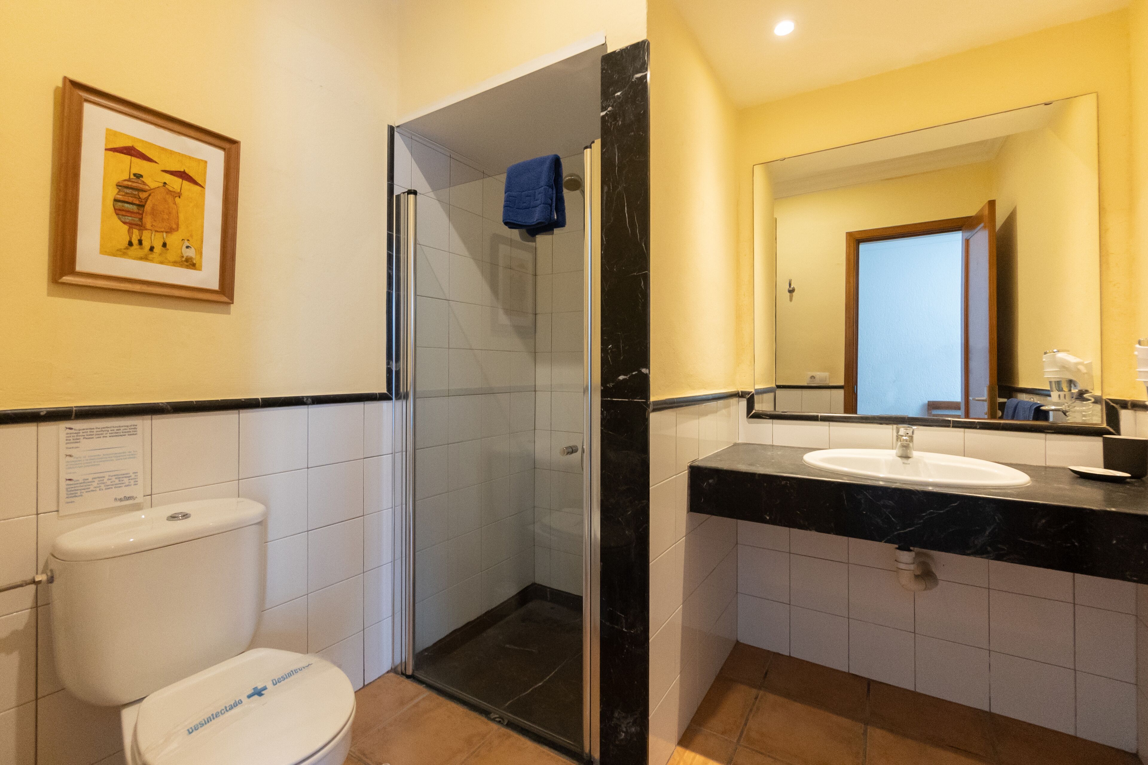 Un baño con inodoro, ducha, lavabo y espejo.