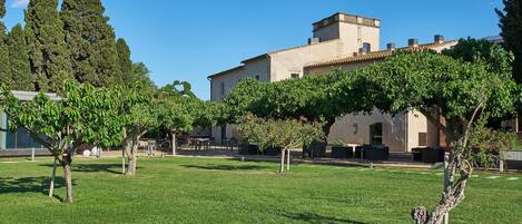 A courtyard with a building, trees, and outdoor seating.
