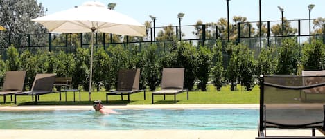 Outdoor pool, pool umbrellas, pool loungers