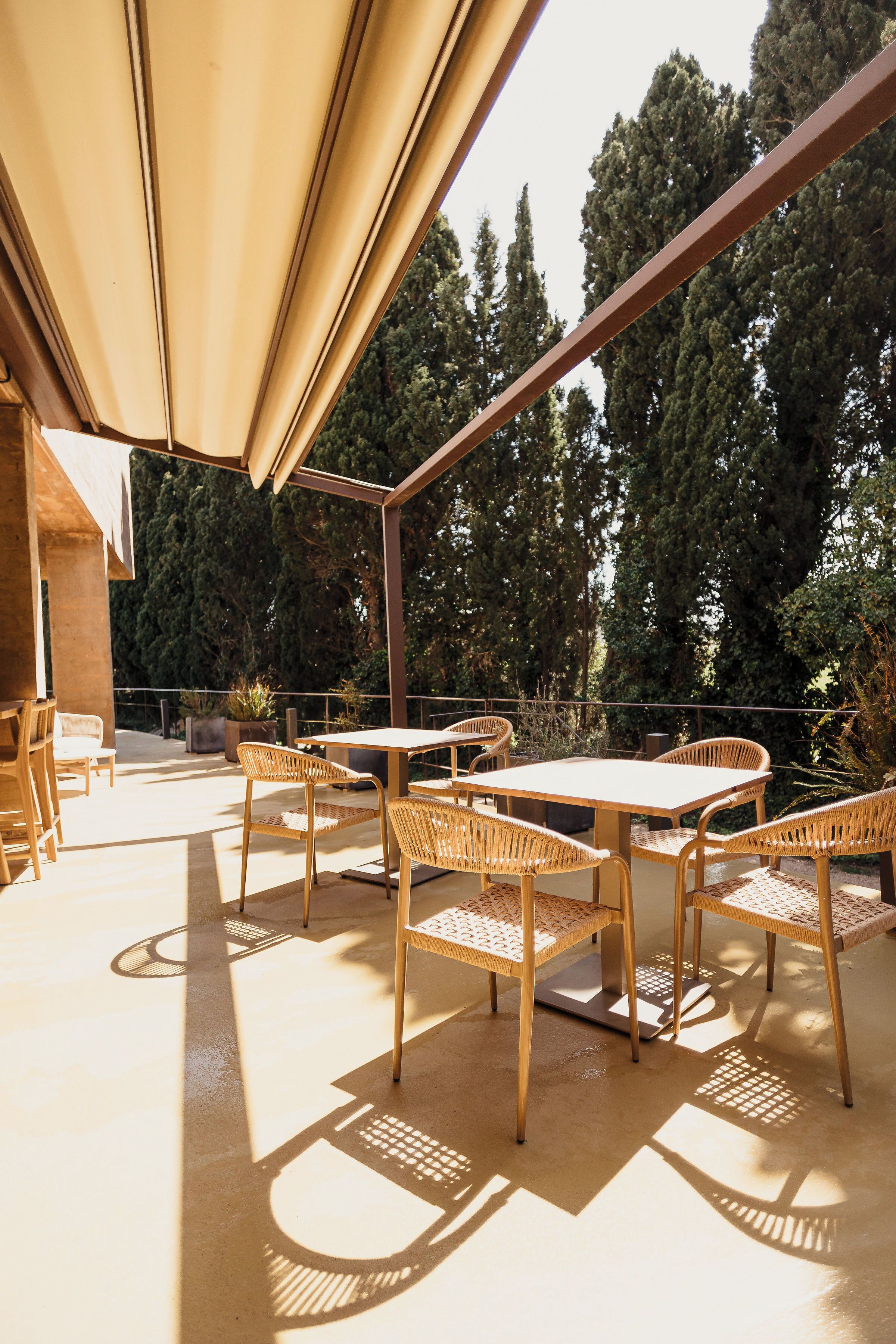 An outdoor patio with a table and chairs, surrounded by trees.