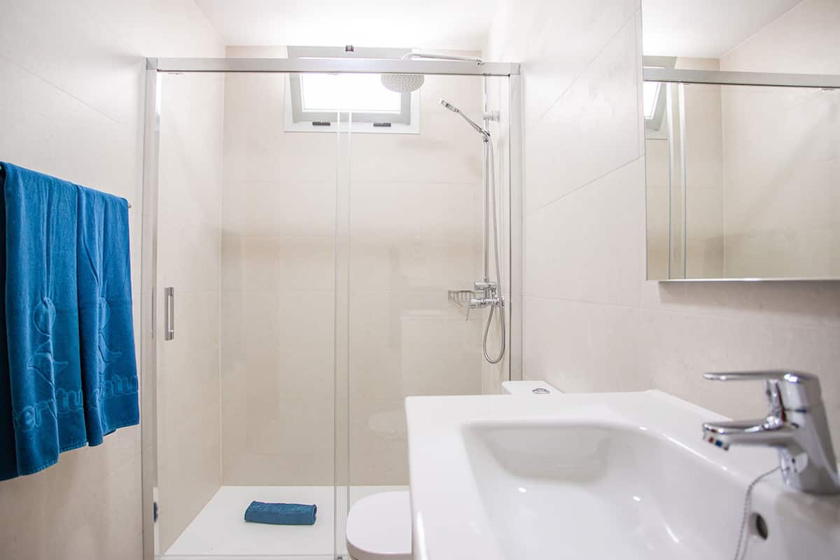 Dusche, Haartrockner, Handtücher, Seife