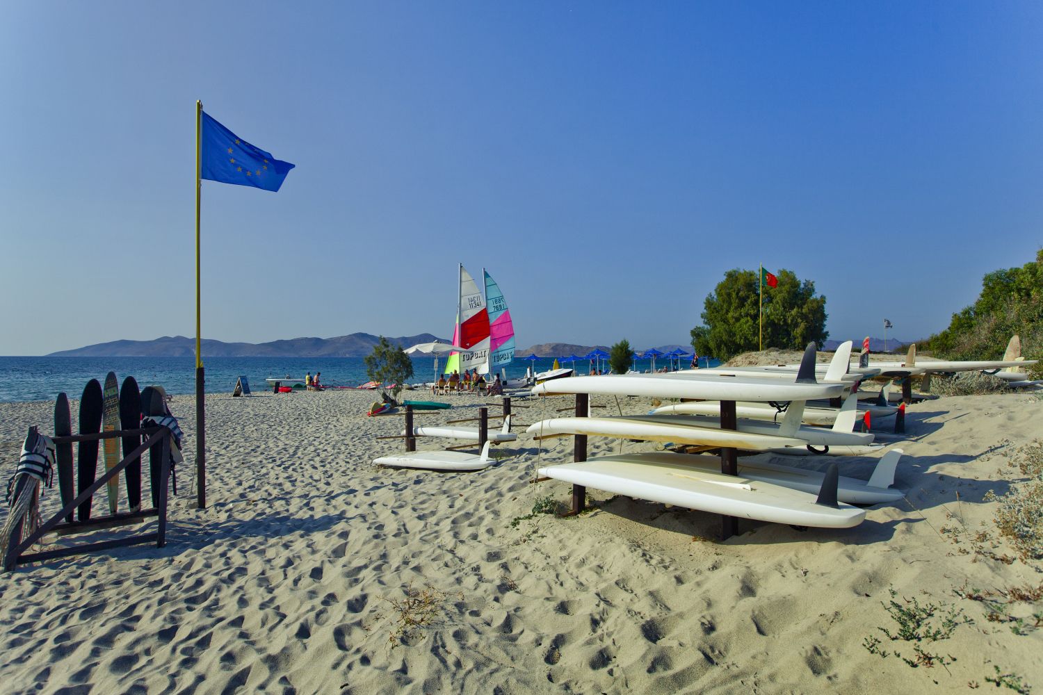 Una platja amb taules de surf, una bandera i un veler.