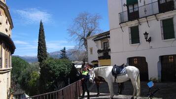 Um edifício branco com varanda e um cavalo em frente.