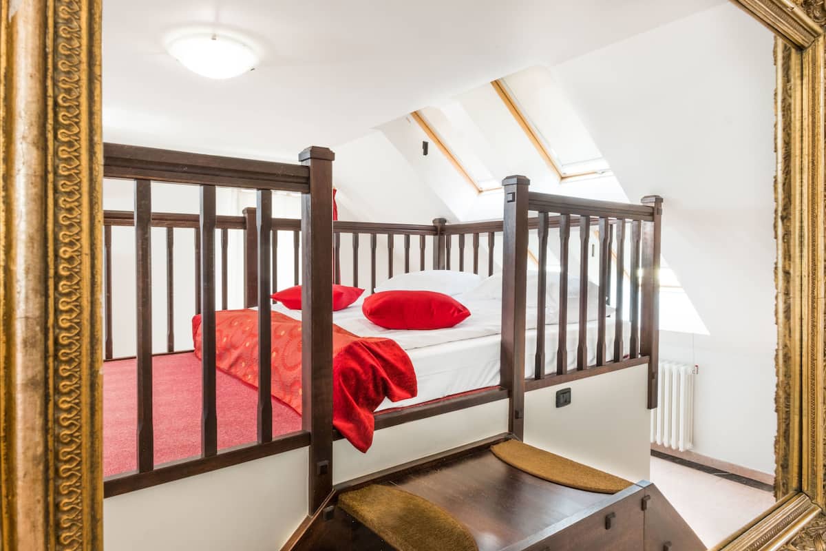 A bunk bed with a red blanket and pillows, a wooden headboard, and a skylight above.
