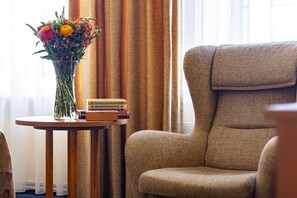 Desk, laptop workspace, blackout curtains, iron/ironing board