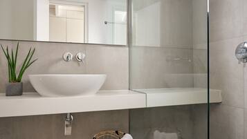 A modern bathroom with a white sink, a glass shower enclosure, and a potted plant.