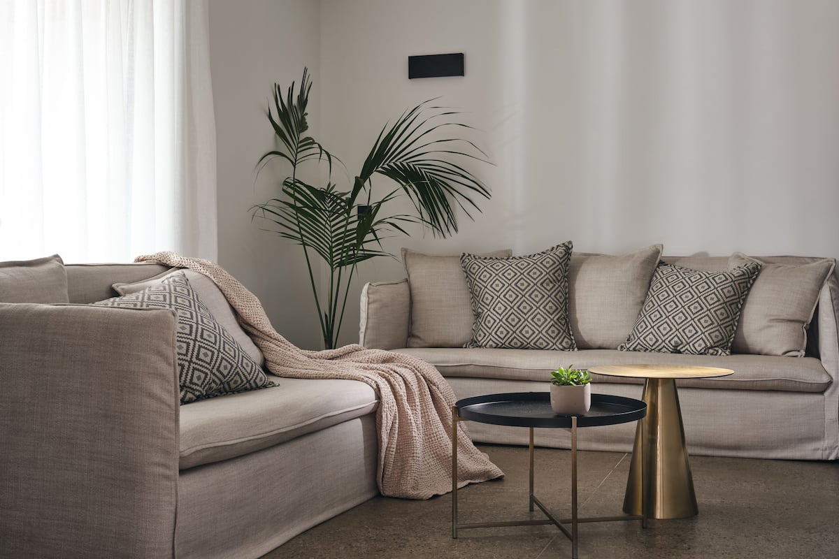 En moderne stue med en beige sofa, mønstrede puder, et rundt sofabord med en plante og en høj grøn plante ved siden af sofaen.