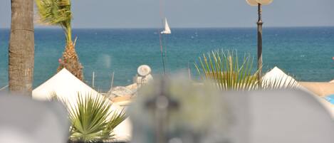 A beach view with a sailboat, palm trees, and a lamp post.