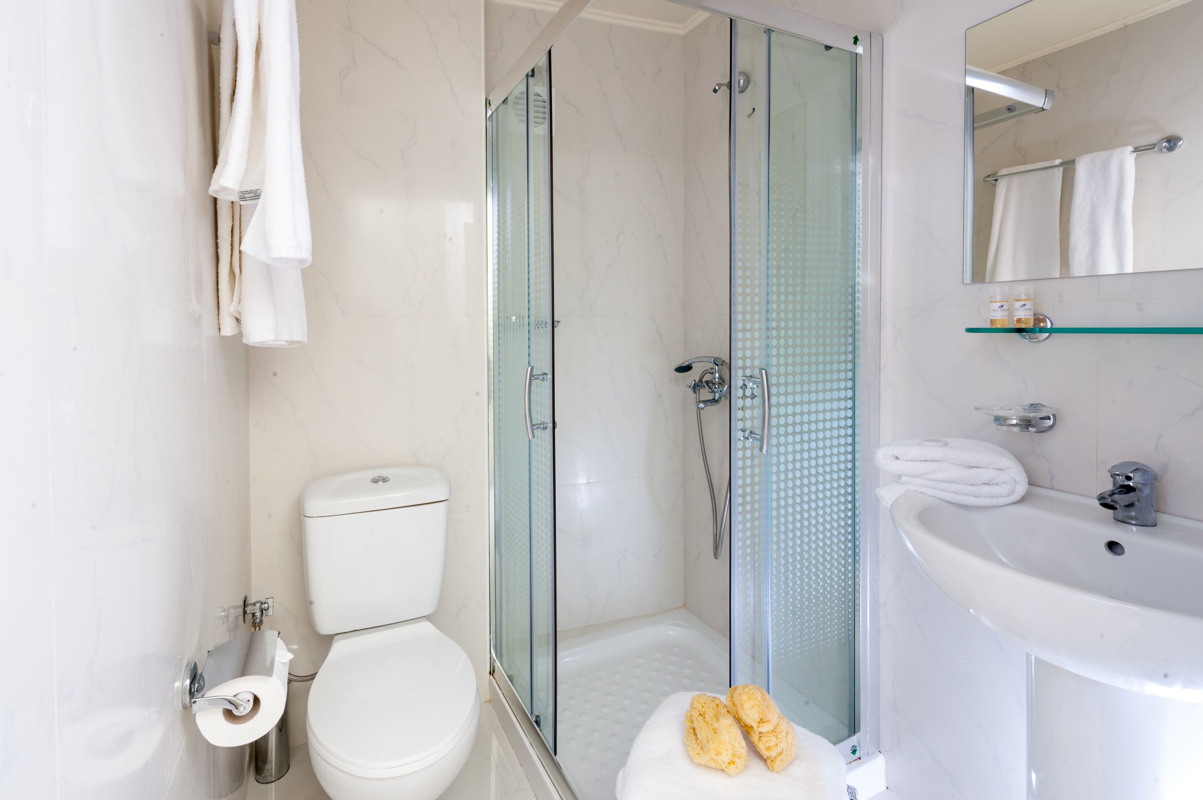 A modern bathroom with a glass-enclosed shower, a toilet, and a sink.