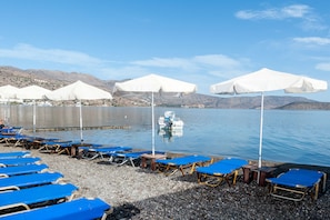 On the beach, sun loungers, beach umbrellas