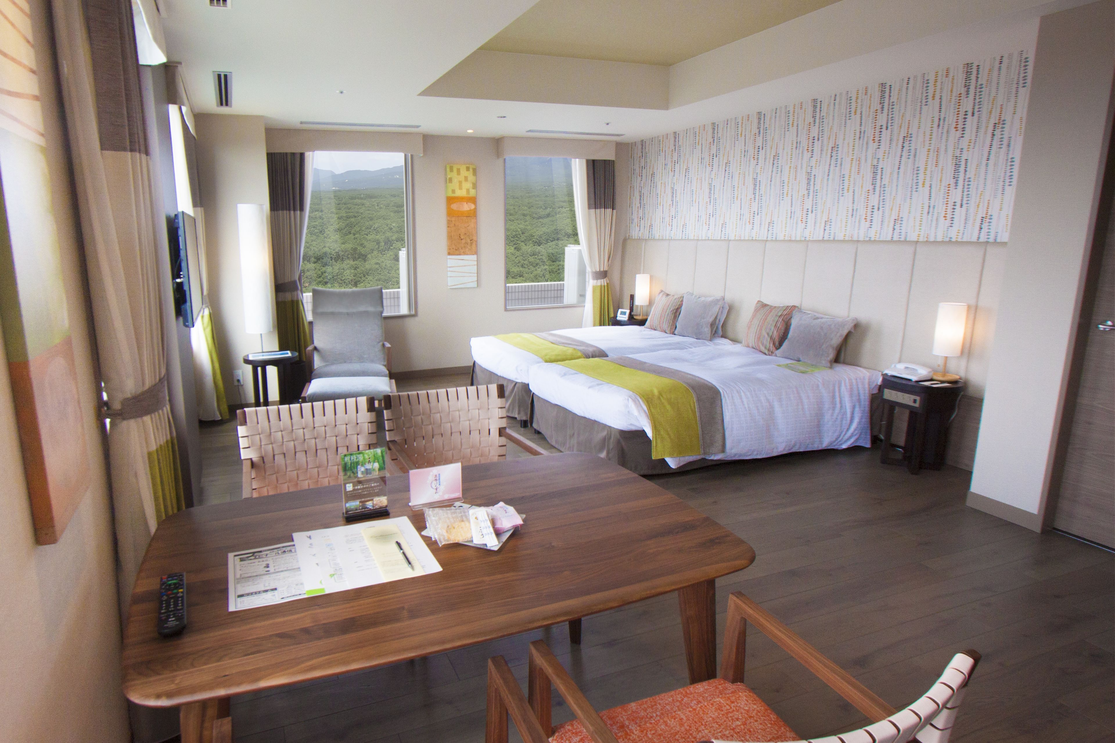 A hotel room with a bed, a desk with papers, a chair, a TV, and a window with a view of greenery.