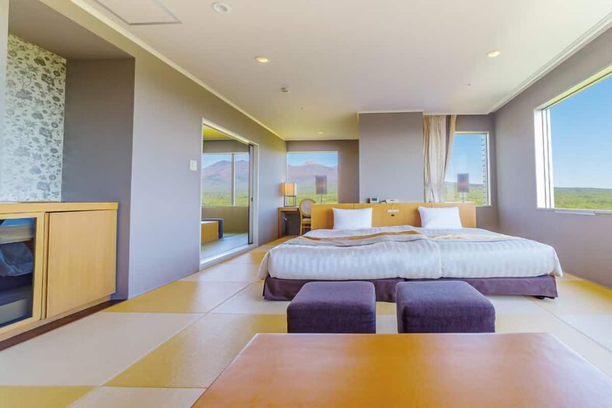 A bedroom with a large bed, a desk, a chair, and a view of the outdoors.