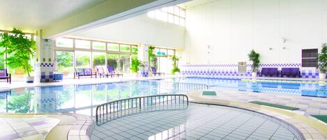 Indoor pool, open 10:00 AM to 8:00 PM, lifeguards on site