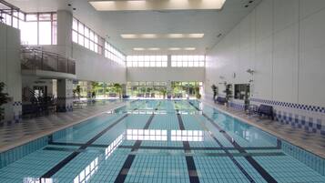 Indoor pool, open 10:00 AM to 8:00 PM, lifeguards on site