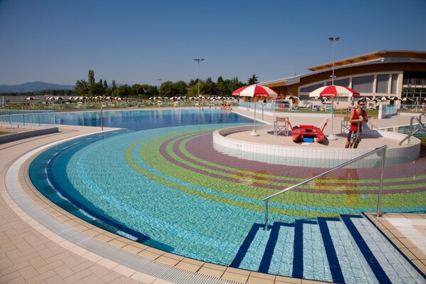 2 indoor pools, seasonal outdoor pool, pool umbrellas, pool loungers