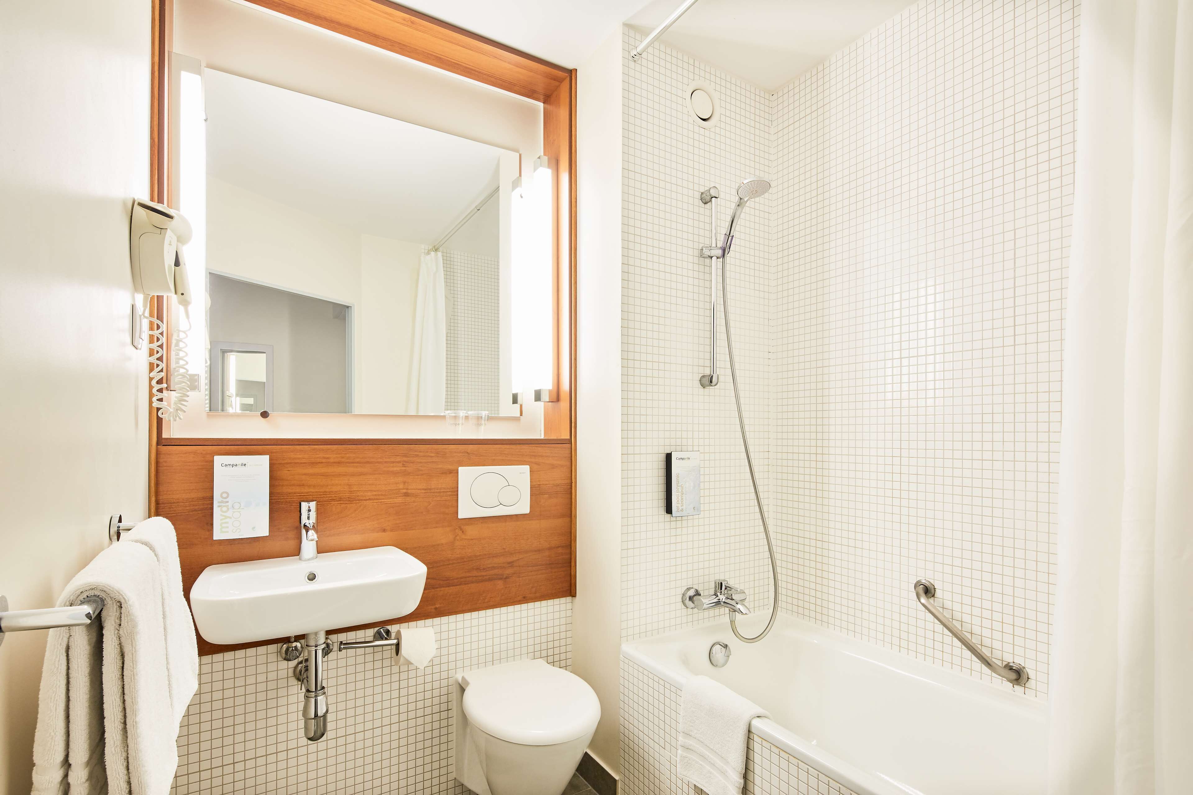 eco-friendly toiletries, hair dryer, towels, soap