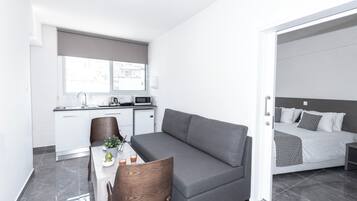 A compact living space with a kitchenette, a dining area, and a bed.