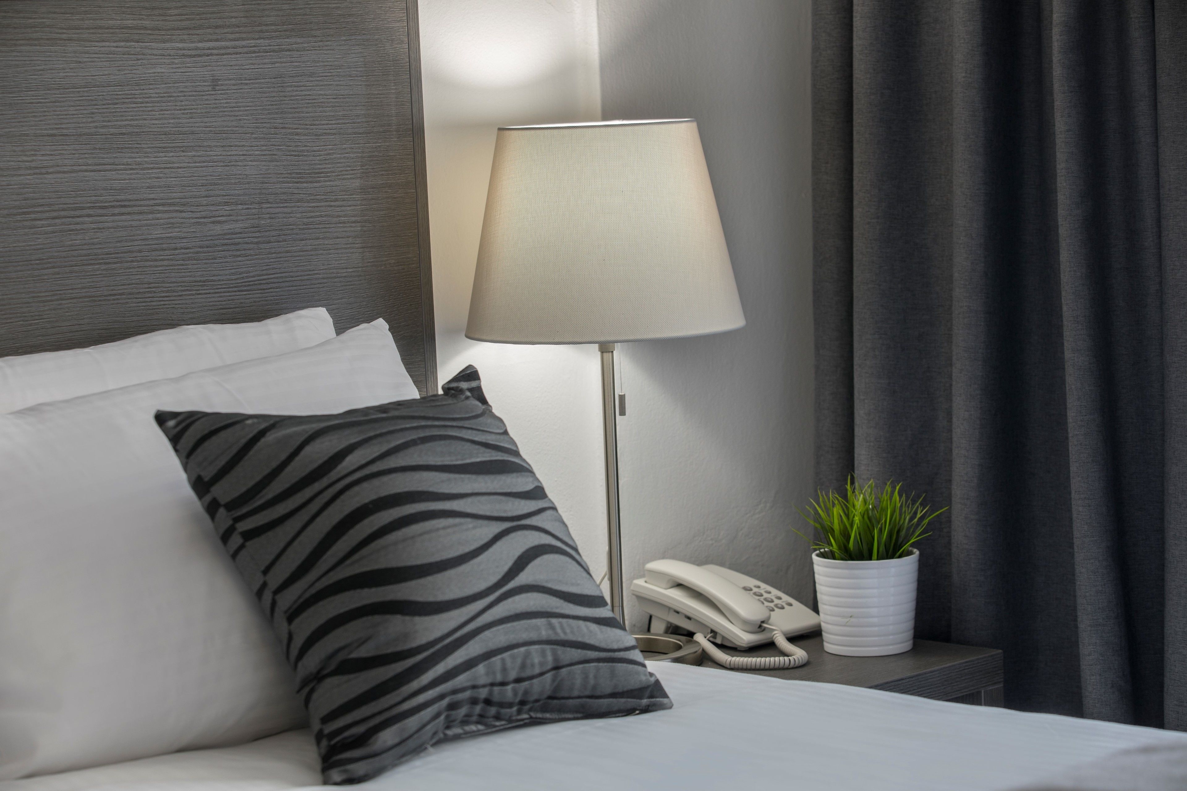 A hotel room with a bed, a zebra-patterned pillow, a lamp, a phone, and a potted plant.