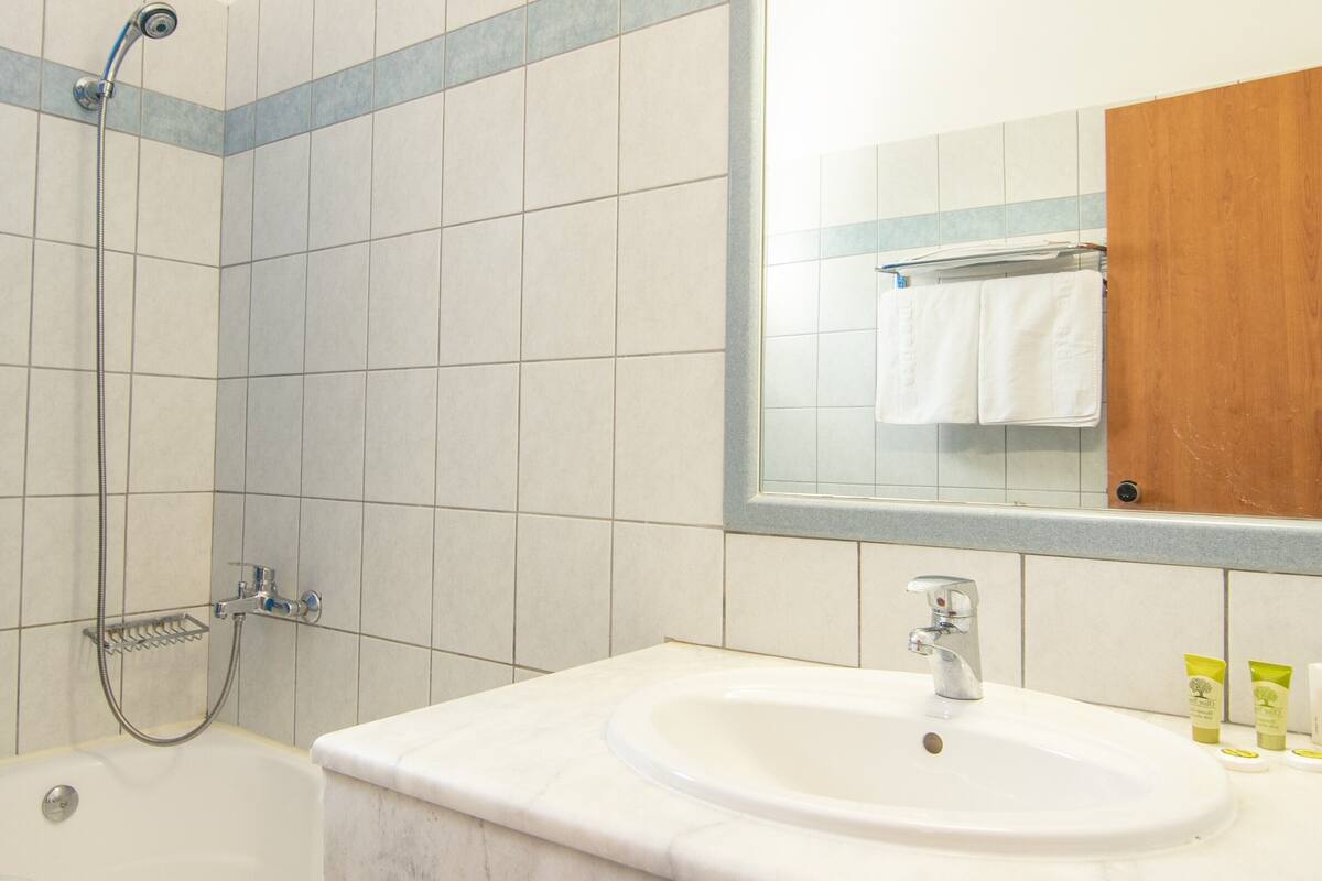 bathtub, free toiletries, hair dryer, towels