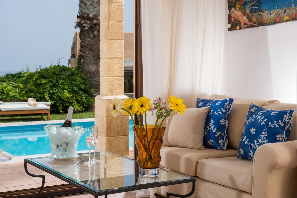 Mythica Bungalow Suite with Private Pool, Sea View | Living room | TV