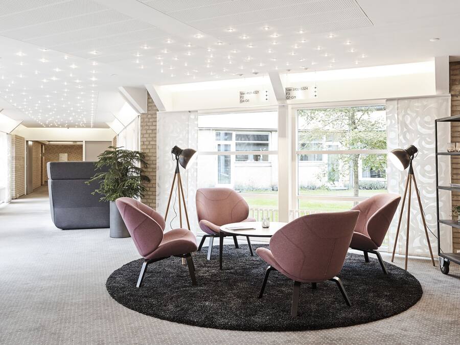 A modern interior with a round table, four chairs, a potted plant, and a bookshelf.