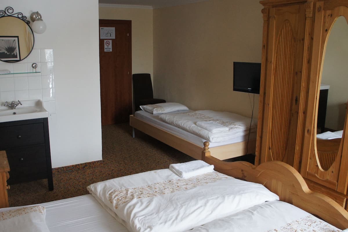 A hotel room with a wooden bed, a wooden wardrobe, a white sink, a mirror, and a television.