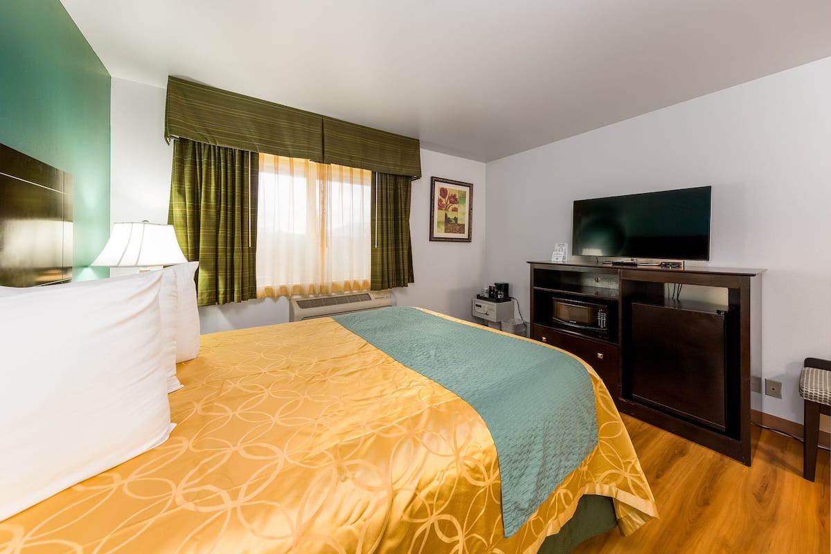 A hotel room with a bed, a television, a desk with a computer, and a window with curtains.