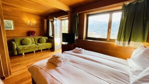 A room with wooden walls, a green sofa, a bed with white linens, a television on a small table, and a window with curtains. - Hotel Mirage (Cortina d'Ampezzo)
