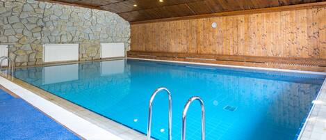 Piscina interior con paredes de piedra y paneles de madera, rodeada por una zona con alfombra azul.
