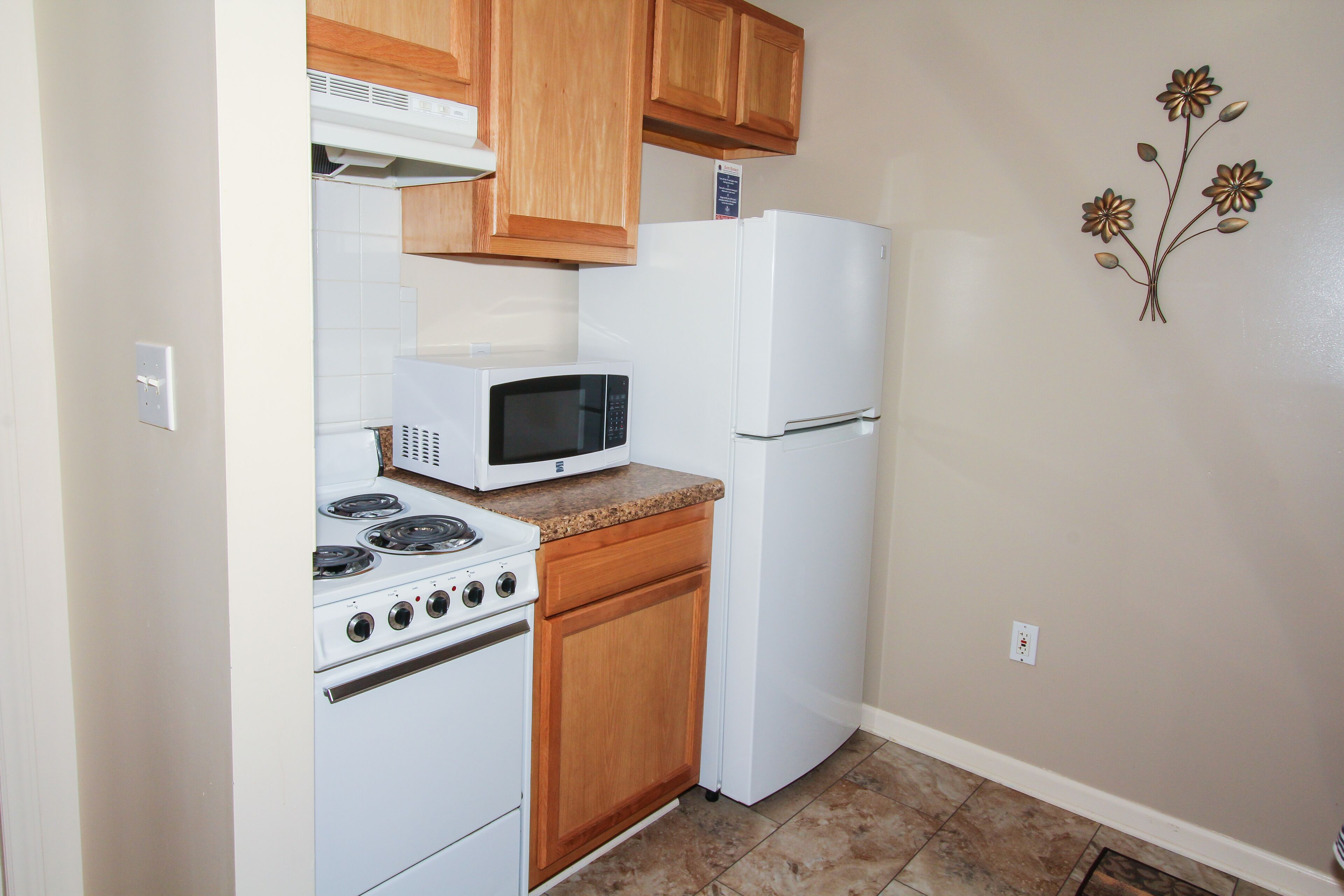 full-sized fridge, microwave, oven, stovetop