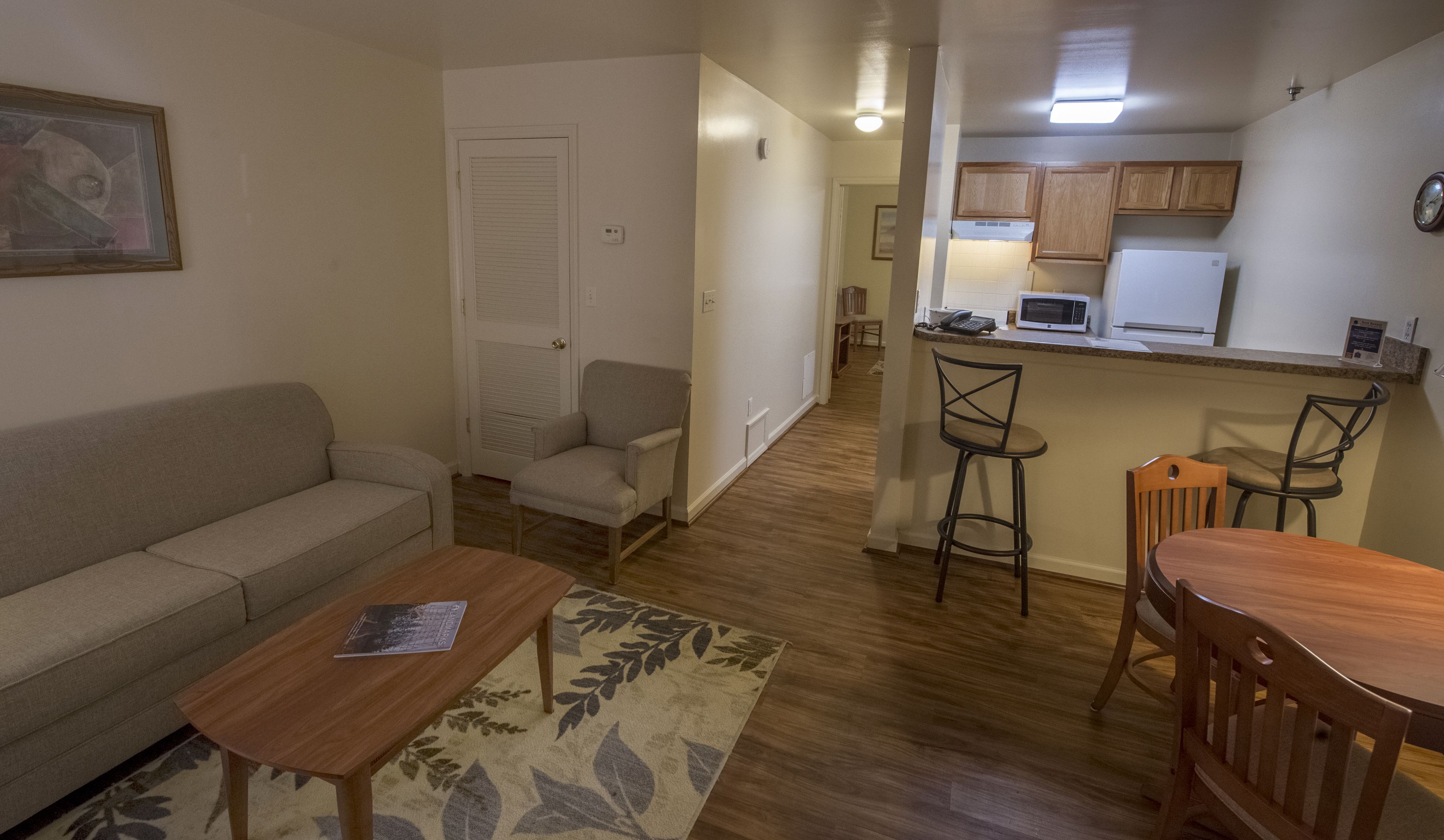 A compact living space with a sofa, a small table, a kitchen area with a microwave, and a dining table with chairs.