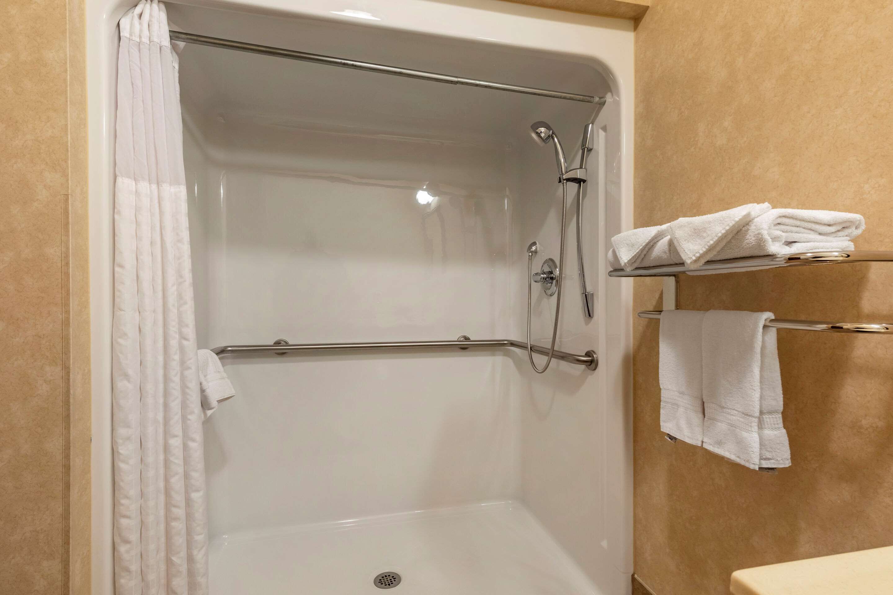 combined shower/bathtub, free toiletries, hair dryer, towels