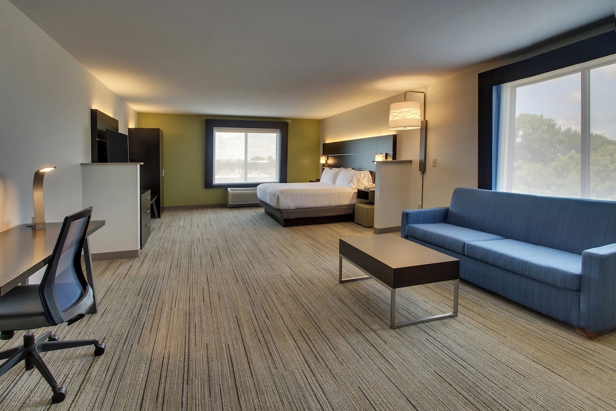 Una habitación de hotel con cama, sofá, escritorio y silla.