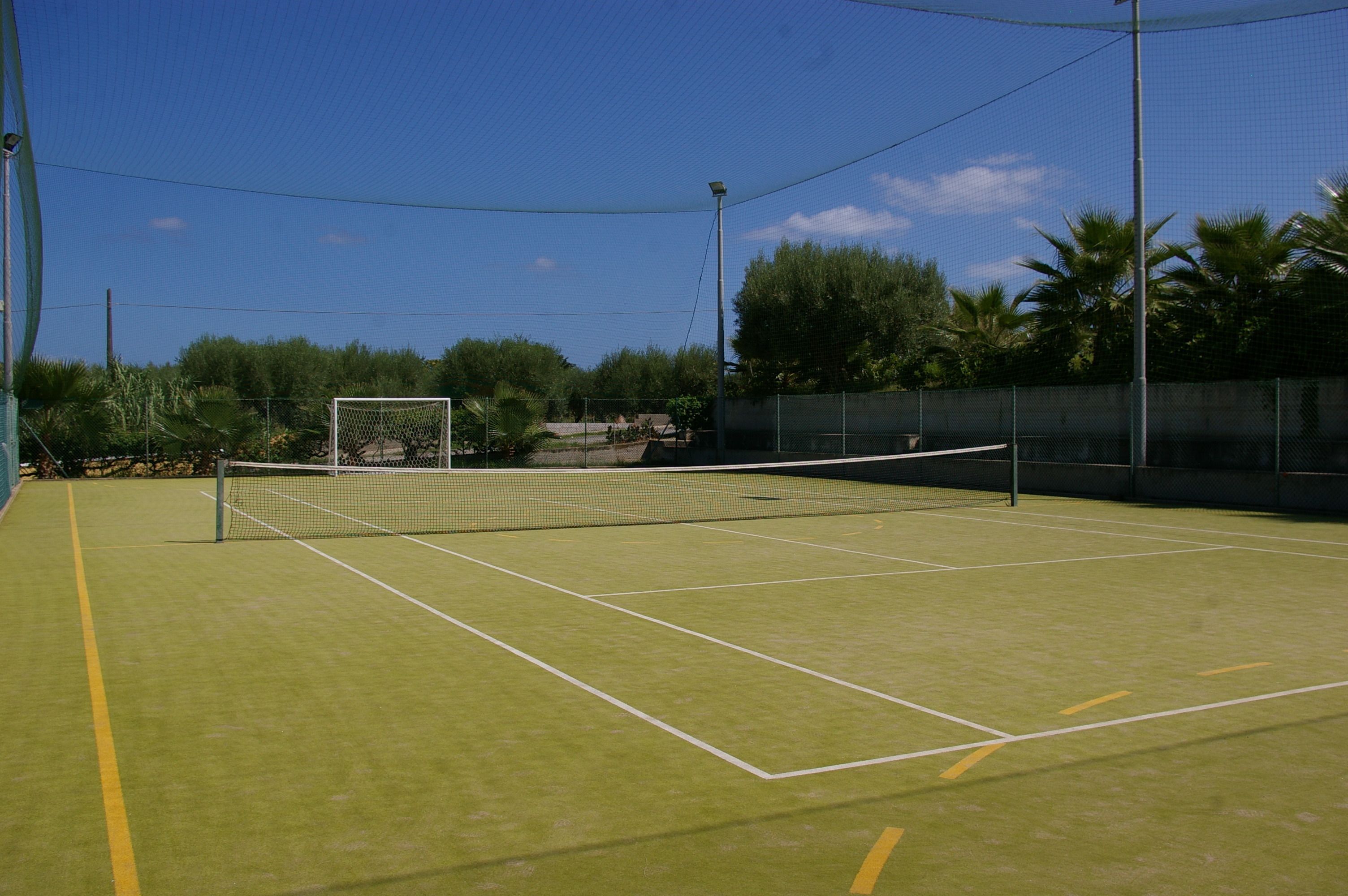 Un court de tennis intérieur, doté d’un filet, entouré d’une clôture et de palmiers.