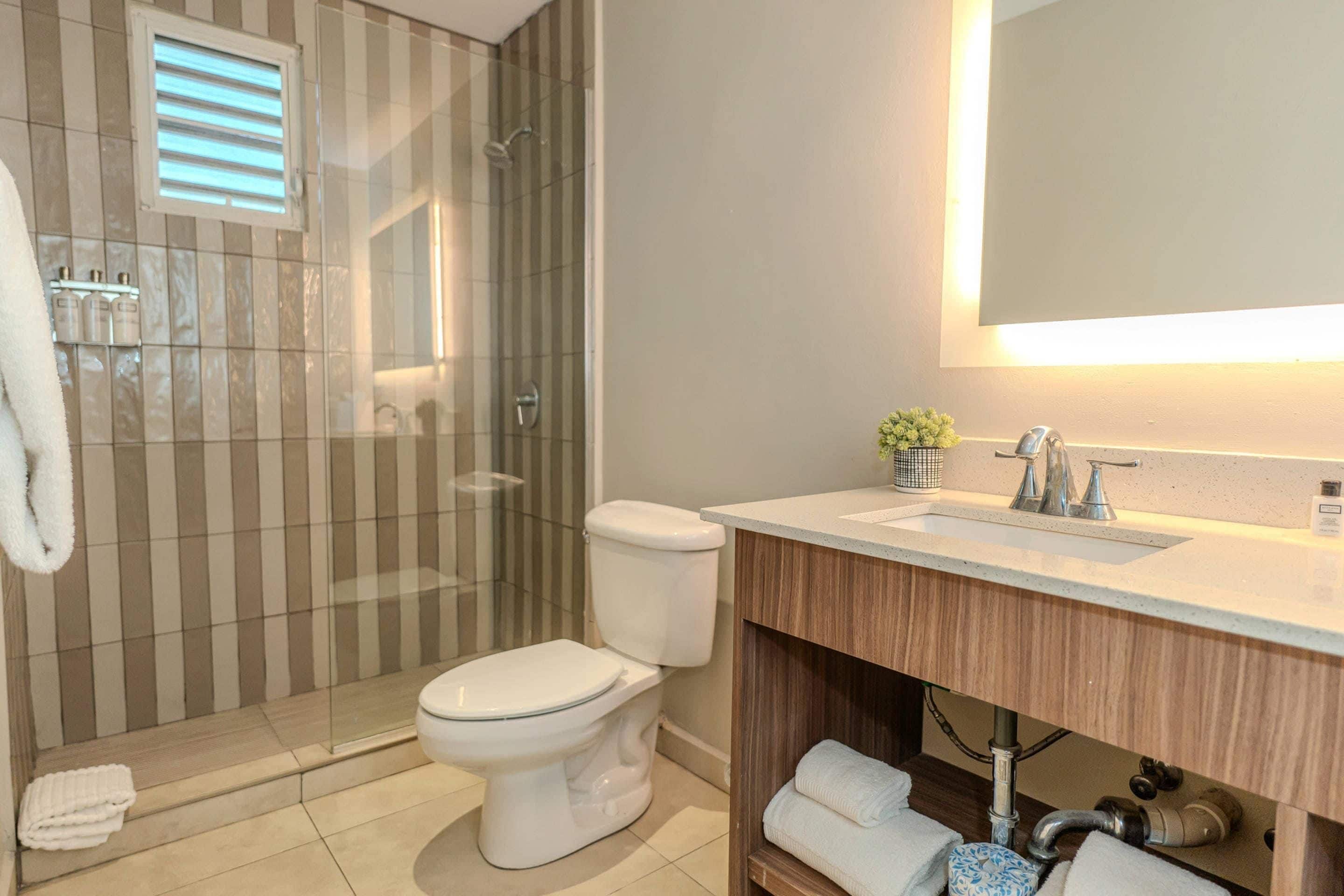 Ein modernes Badezimmer mit Dusche, Toilette und Waschbecken.