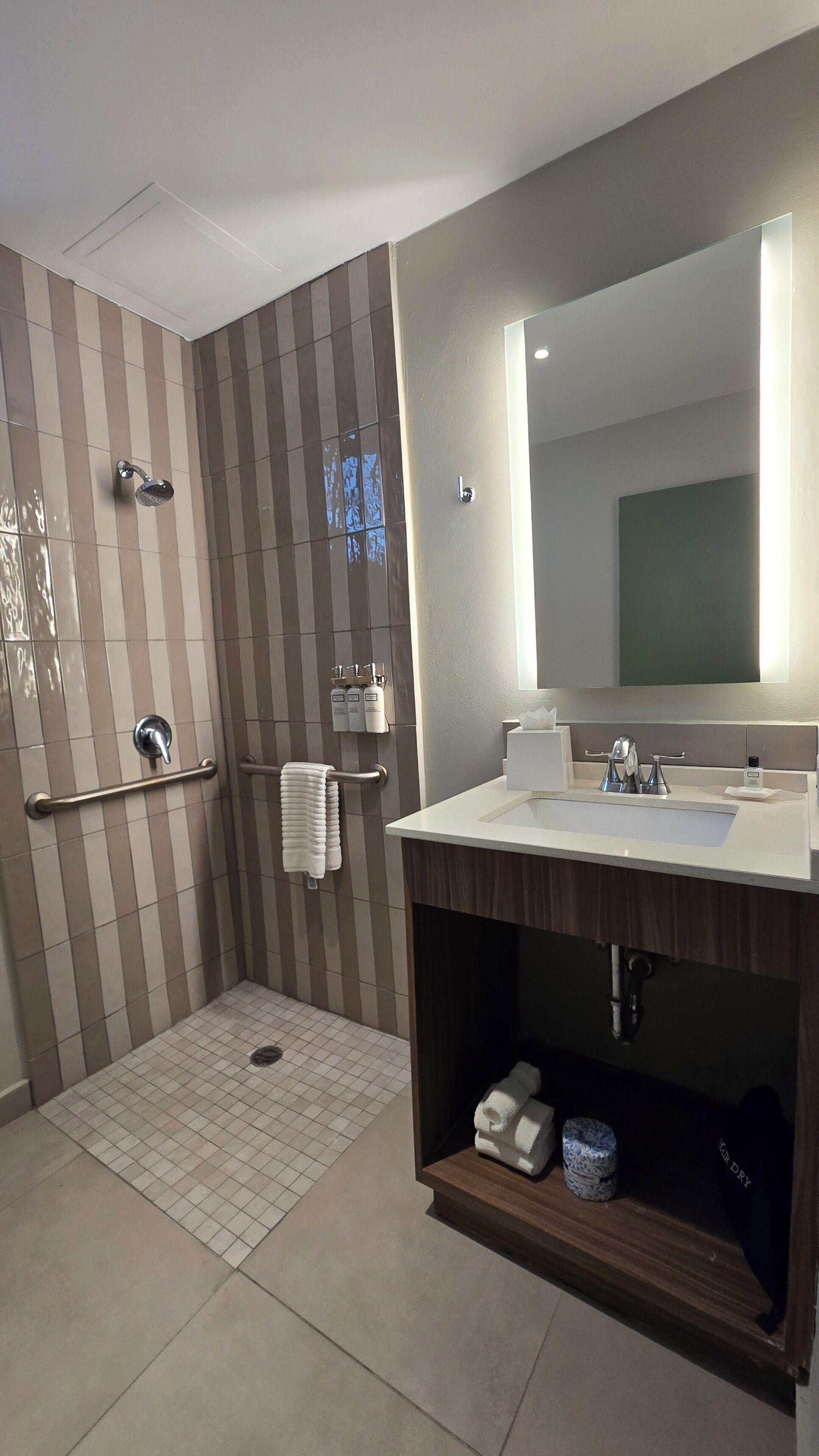 A modern bathroom with a shower, vanity, and a large mirror.