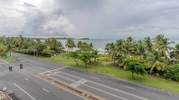 A road with palm trees and a view of the ocean.