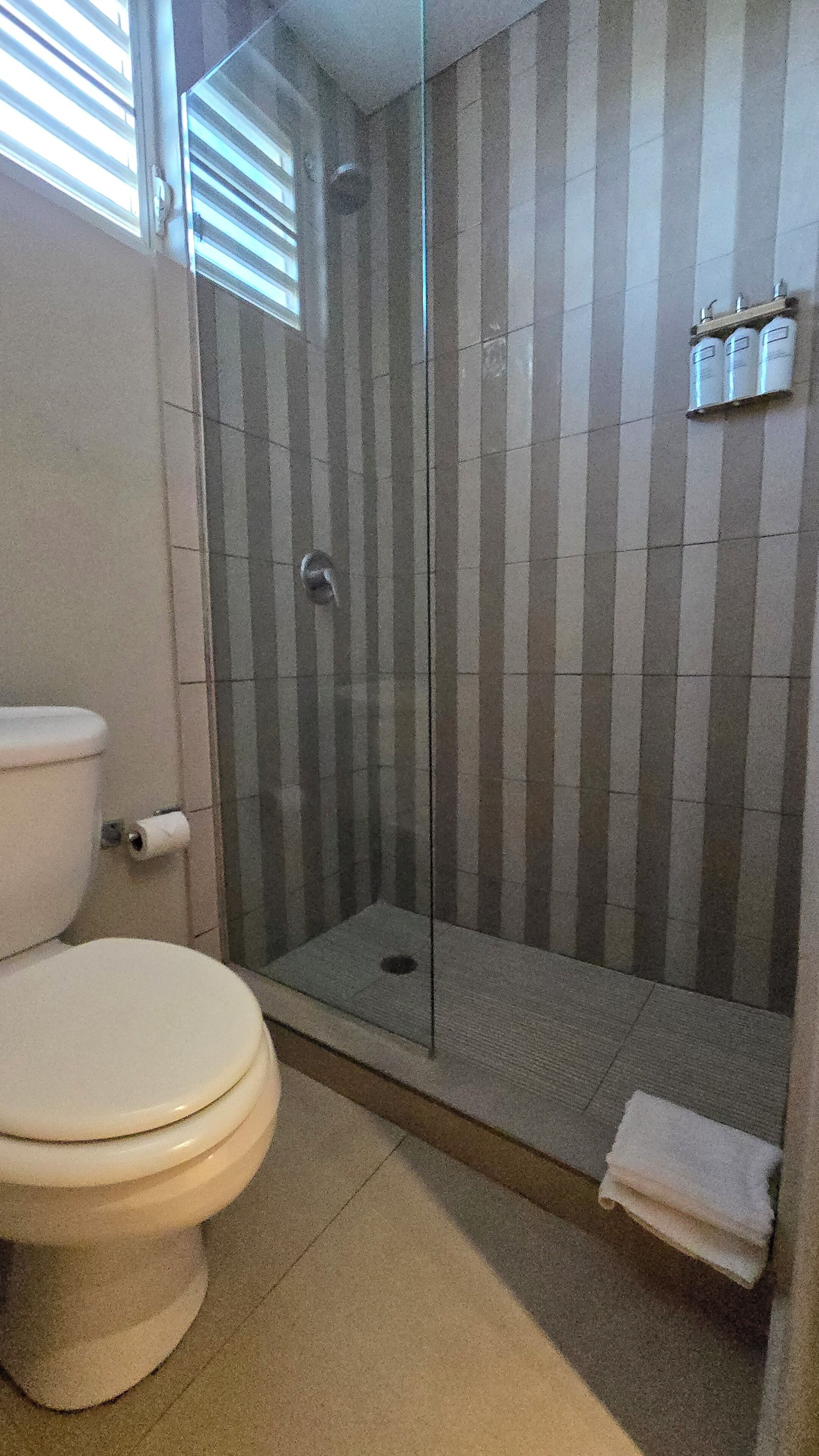 A bathroom with a toilet, a glass-enclosed shower, and a towel rack.