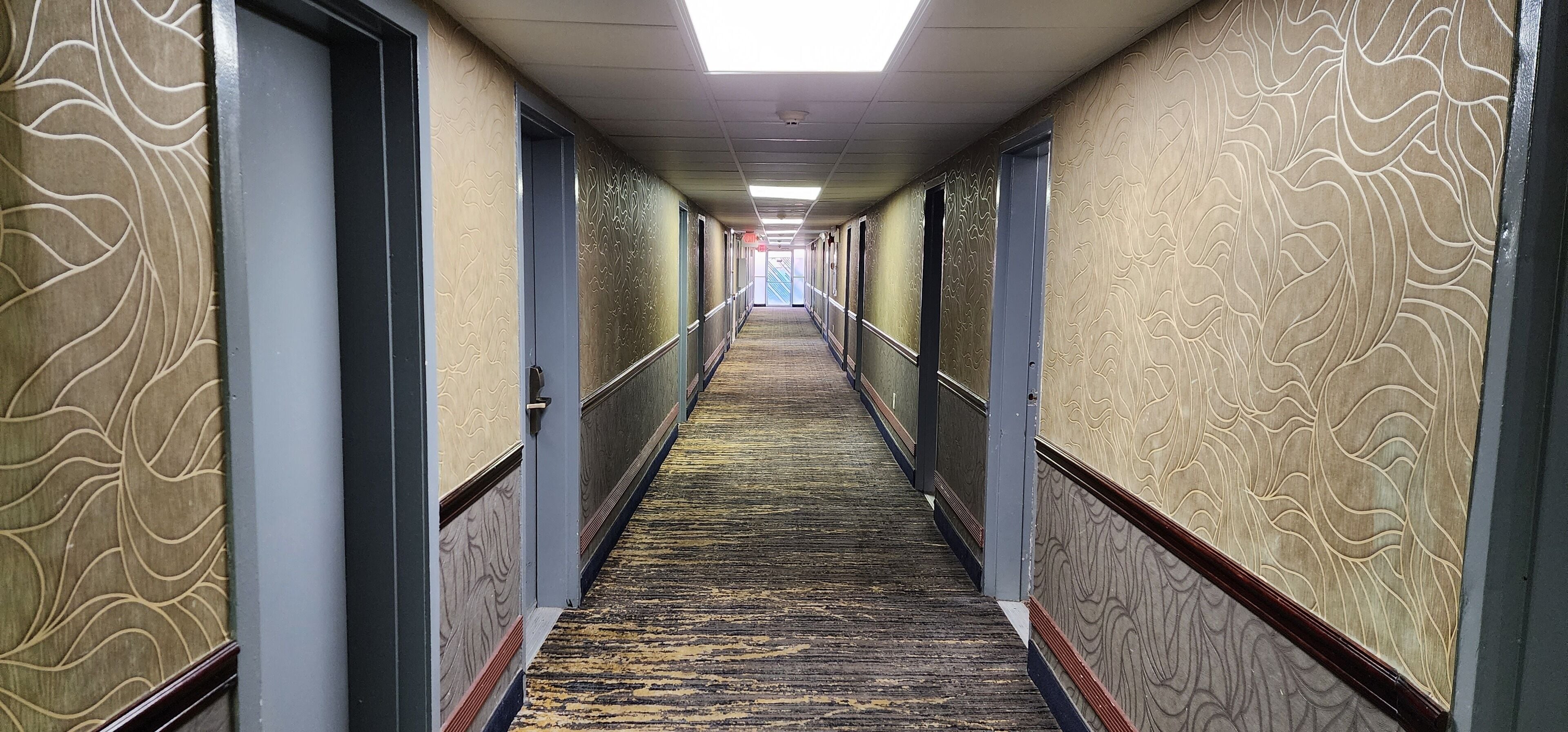 Un pasillo de hotel con paredes con diseño, pisos alfombrados y puertas a ambos lados.
