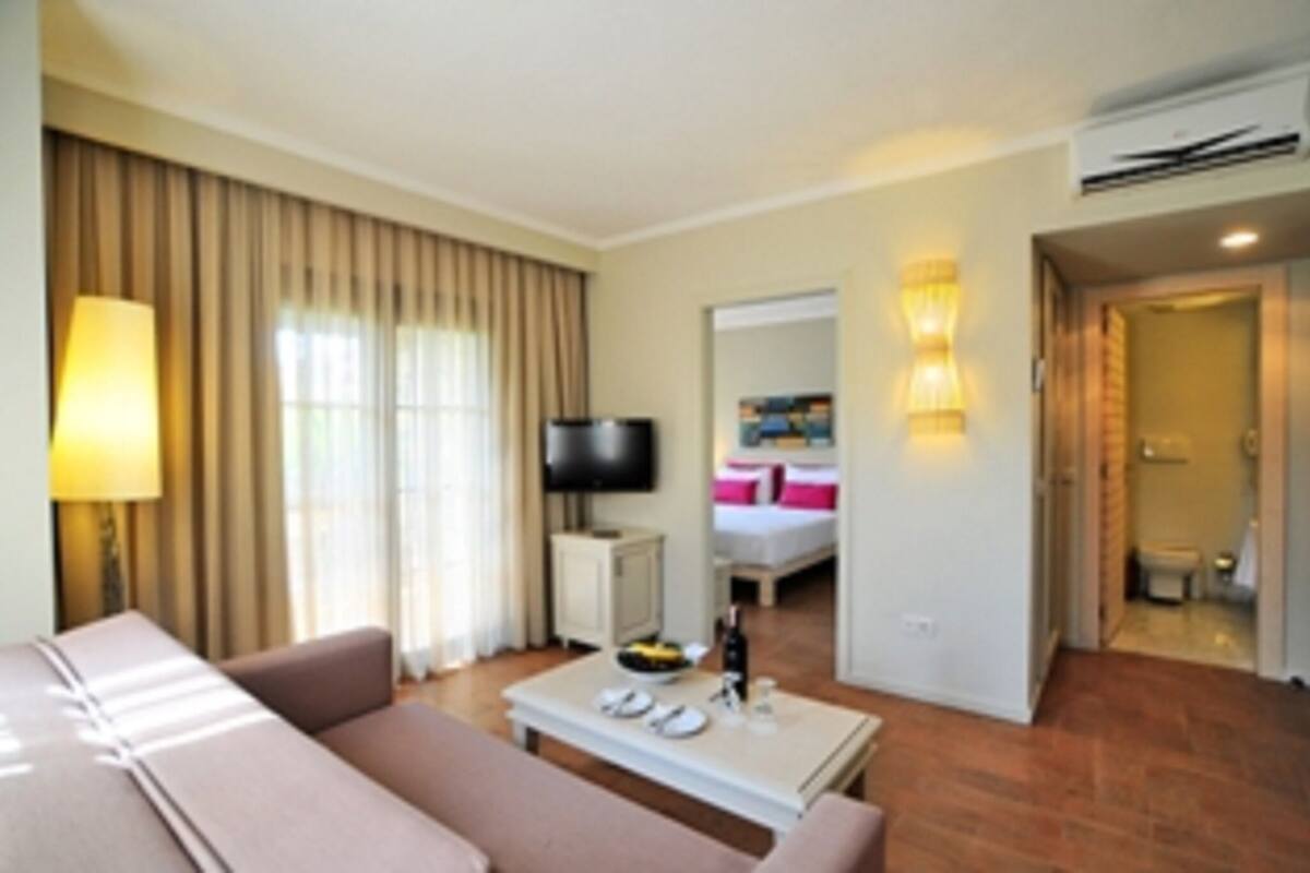 Habitación de hotel con sofá, mesa de centro, televisor y cama al fondo.
