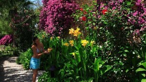 Una mujer parada sobre un sendero de piedra en un jardín con diversas plantas y flores.