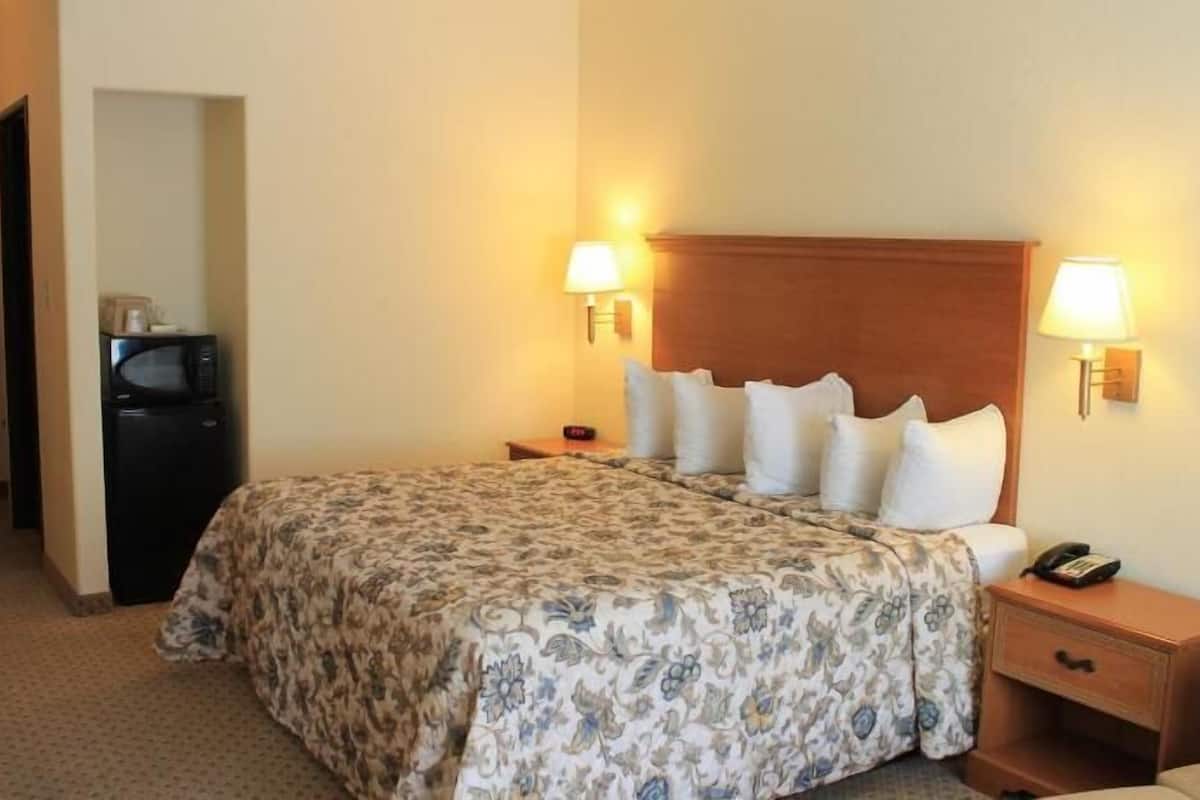 Ein Hotelzimmer mit einem Bett, Nachttischlampen, einem Telefon, einem Schreibtisch mit Lampe und einer Mikrowelle.